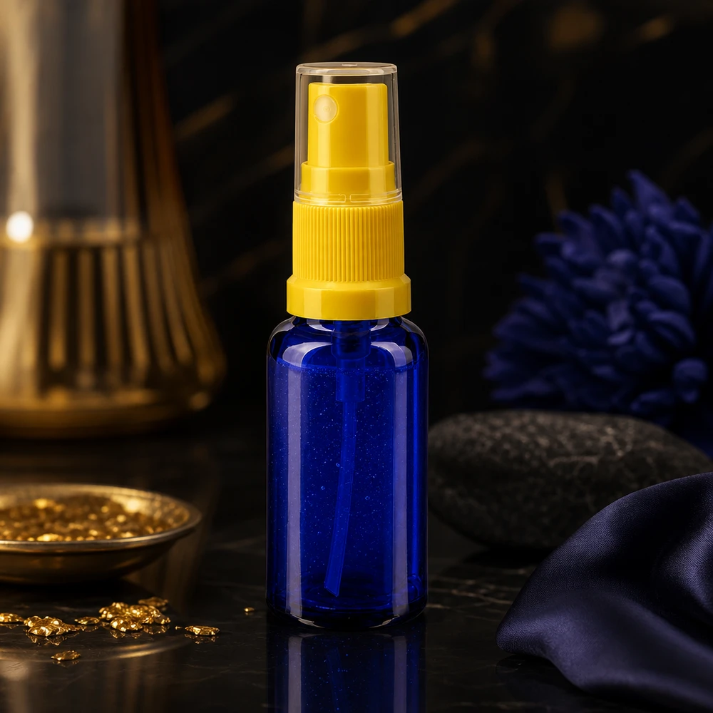 Apothekenflasche blau 20ml Sprayaufsatz gelb Kompakte Glassprayflasche 20ml in Blau mit gelbem Pumpaufsatz für Kosmetik und Pharmazie