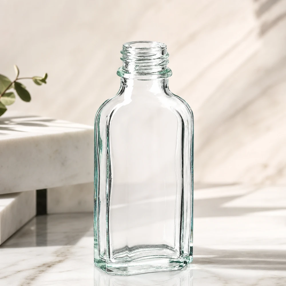 50 ml Meplatflasche klar DIN22 Flache Glasflasche 50 ml klar rechteckige Meplatform mit DIN22 Schraubhals