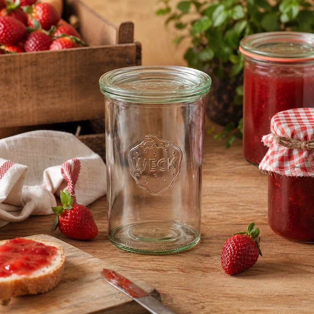 WECK Sturzglas RR100 1000ml in rustikaler Küche mit Erdbeeren und selbstgemachter Marmelade dekorativ arrangiert