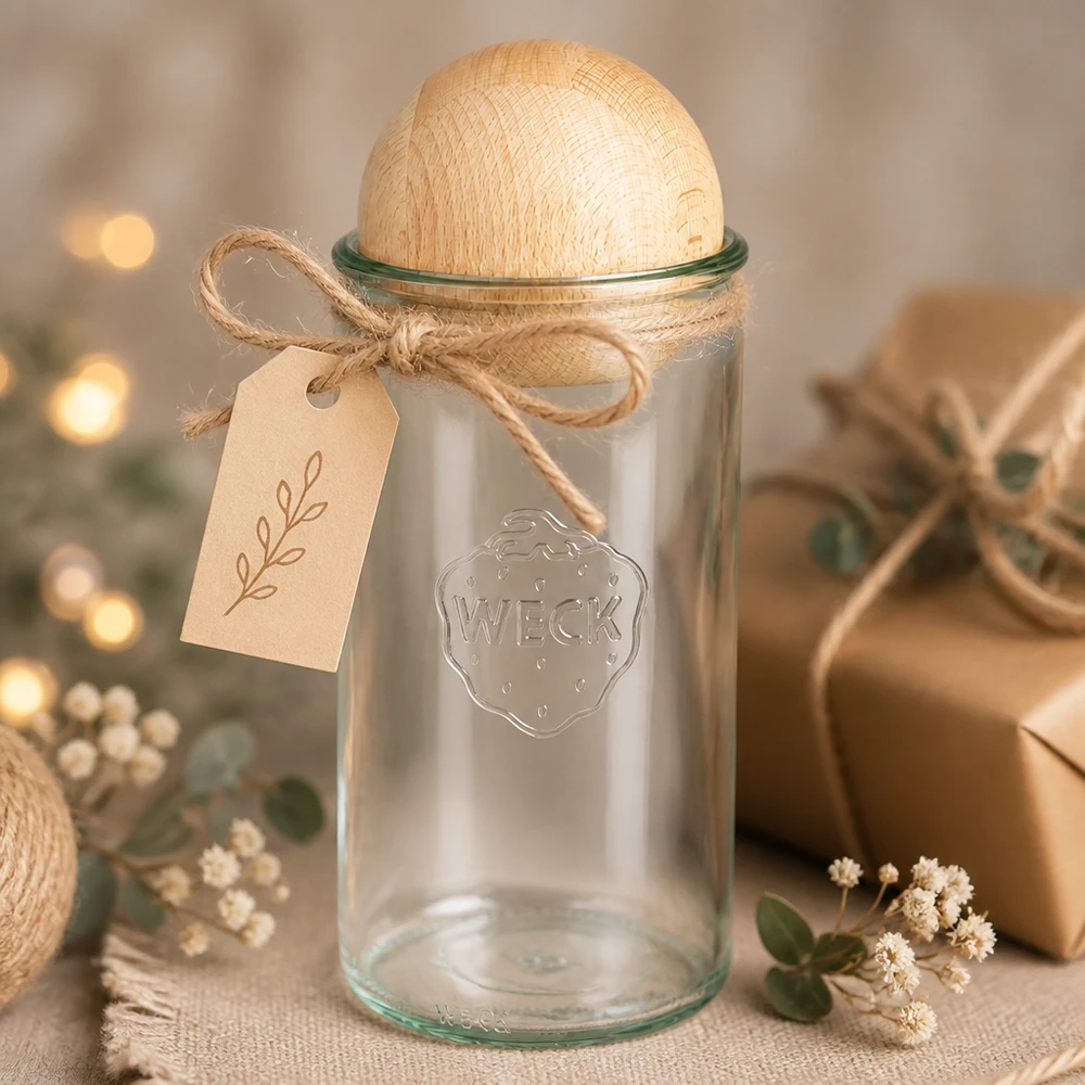 1590ml Zylinderglas WECK RR100 mit Holzkugel Buche WECK Einmachglas 1590ml RR100 mit Buchenholzkugel als Geschenkidee mit Anhänger in gemütlicher Deko-Atmosphäre