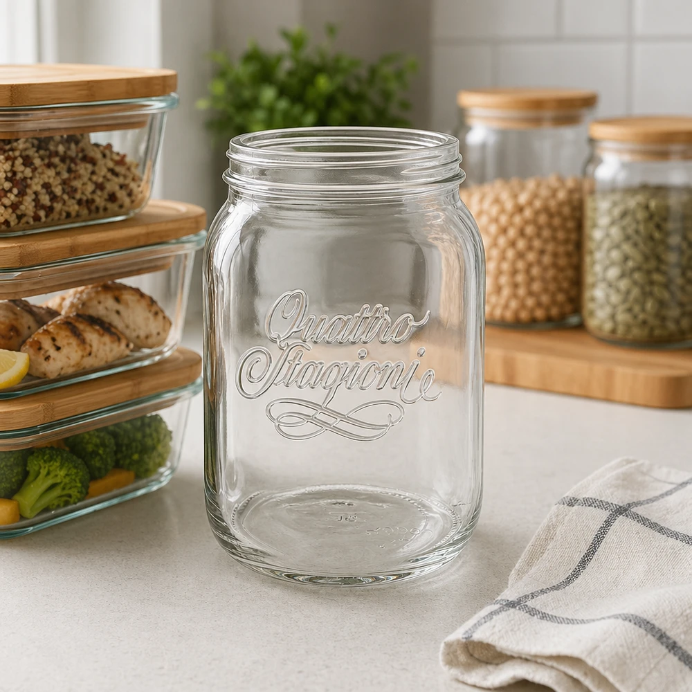 2000ml Quattro Stagioni Haushaltsglas mit elegantem Logo in moderner Küche zwischen Vorratsgläsern und frischen Lebensmi