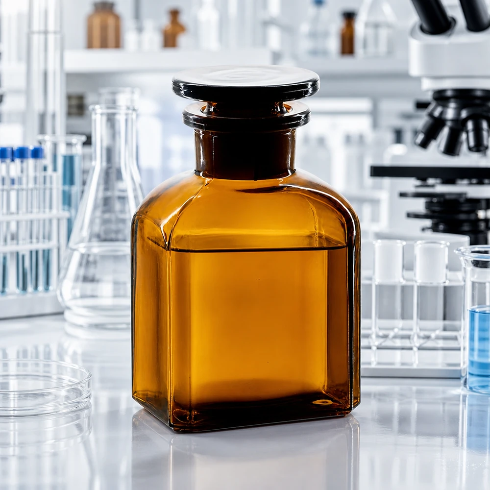 Amberfarbene Laborflasche quadratisch 150ml mit flachem Stopfen zwischen Erlenmeyerkolben und Reagenzgläsern