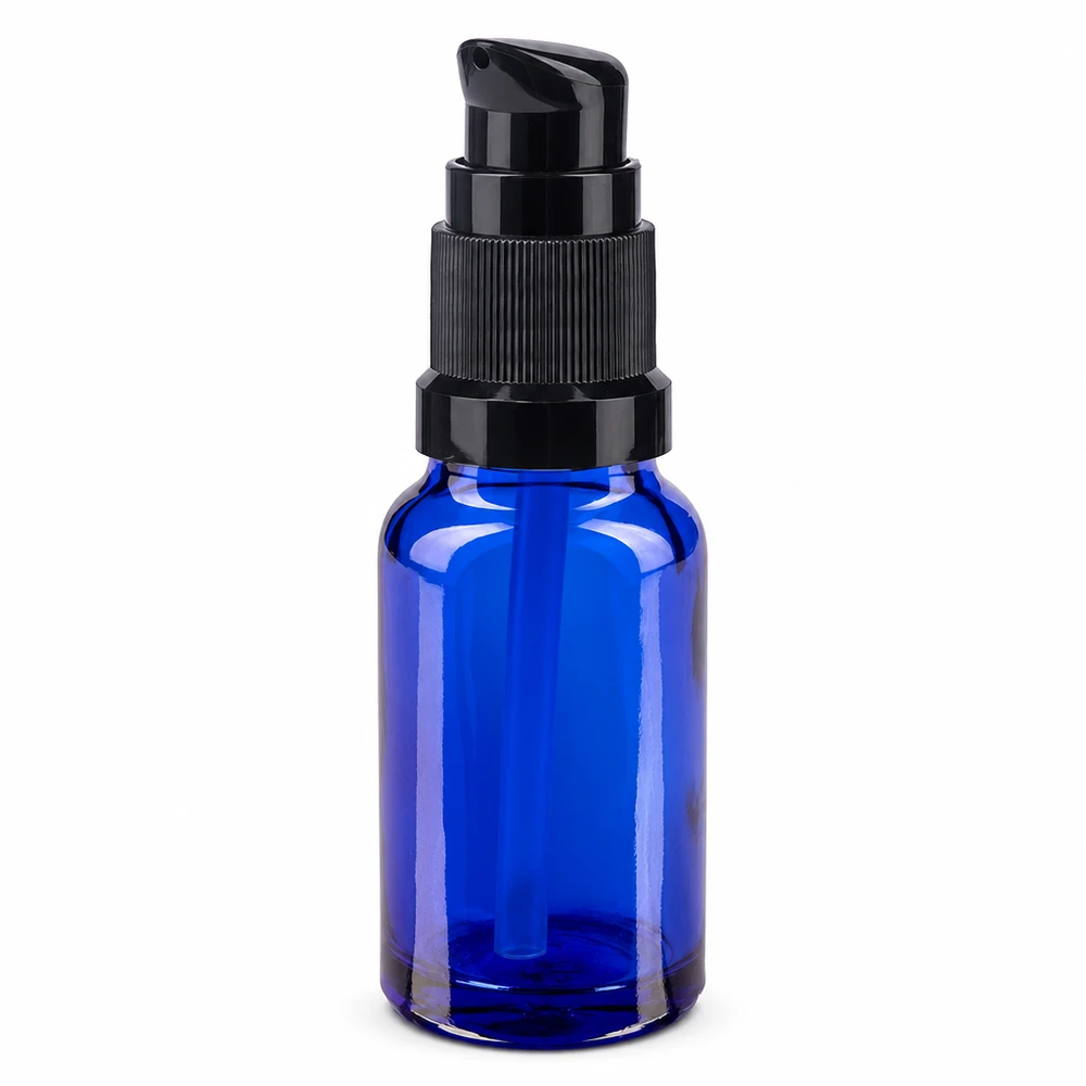 Apothekenflasche blau 10ml PumpVerschluss schwarz Standard Kleine blaue Pumpflasche 10ml mit schwarzem Dosierkopf aus Borosilikatglas