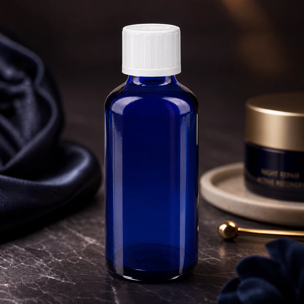 Apothekenflasche blau 50ml Schraubverschluss weiß Kindersicherung Standard 50ml blaues Apothekerglas mit tamperevidentem Schraubverschluss neben Nachtpflege-Kosmetik