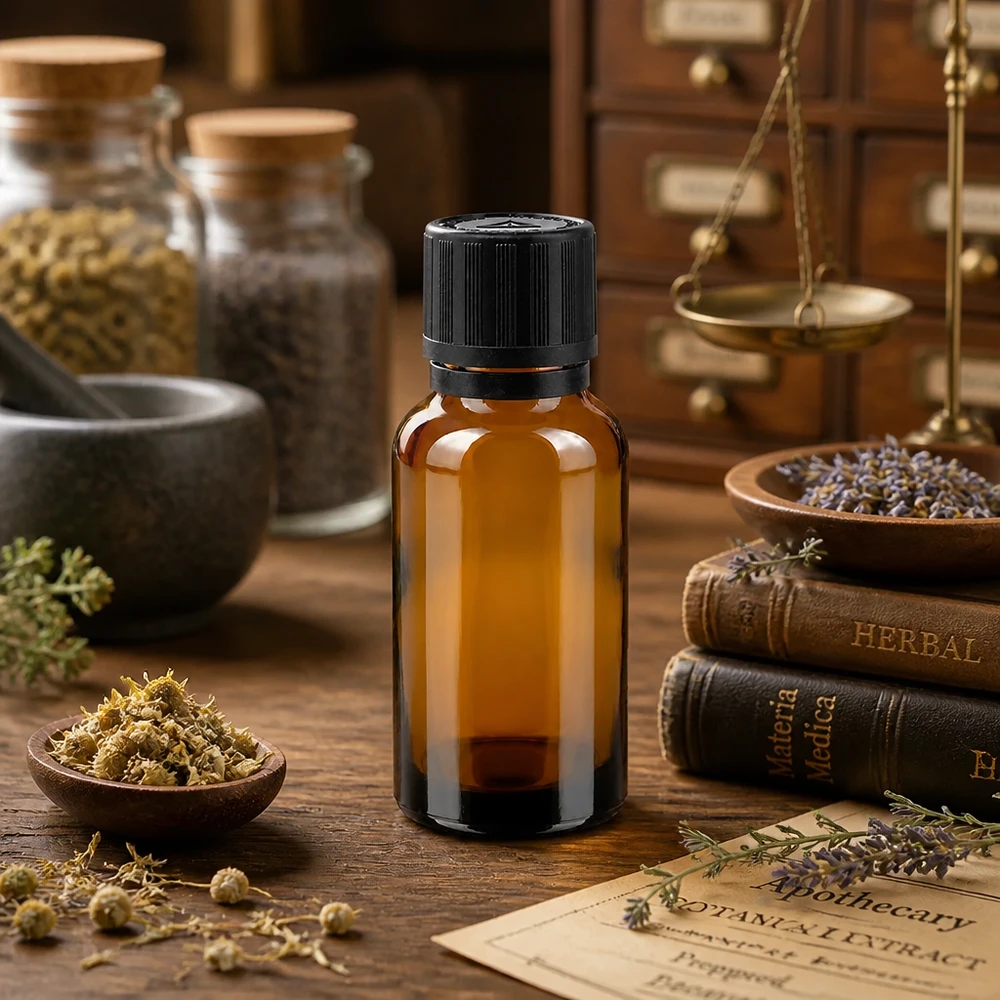 Bernsteinfarbene 20ml Glasflasche mit Originalverschluss neben Materia Medica Büchern
