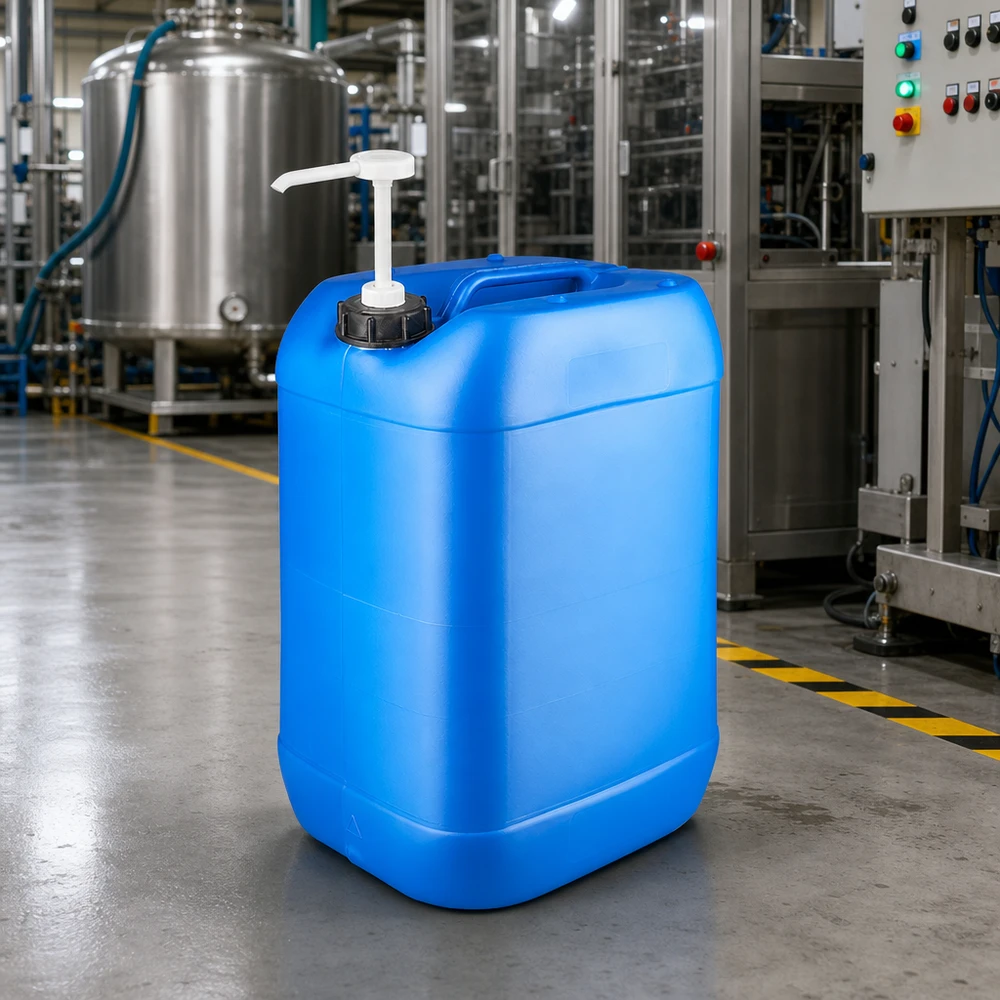 Robuster Kunststoffkanister 25L mit Pumpaufsatz auf Betonboden einer Industriehalle