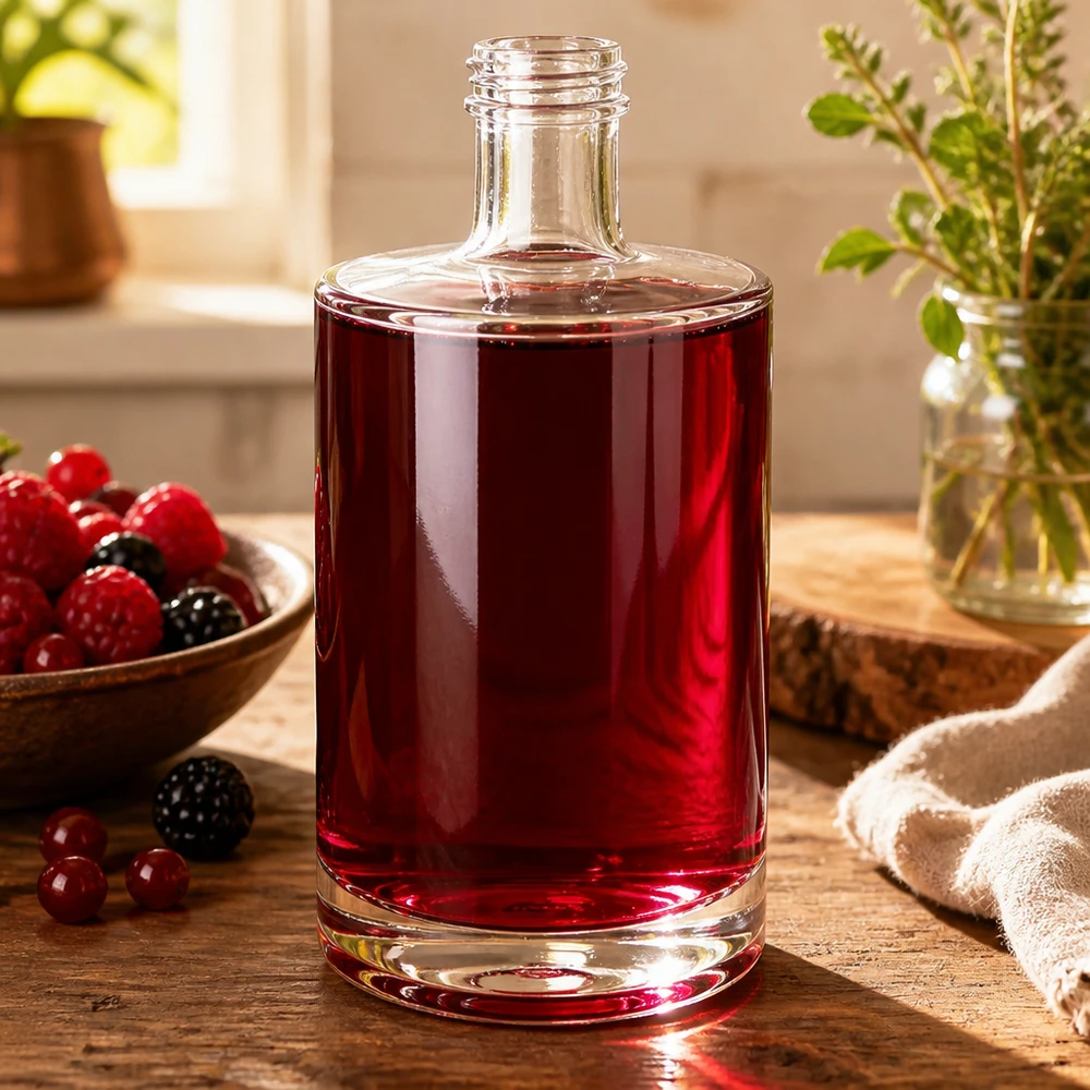 500ml Glasflasche "Sam" ohne Schraubverschluss UNiTWIST 500ml Glasflasche Sam mit rotem Beerensaft befüllt Dekoration Holztisch Beeren Kräuter natürliches Ambiente