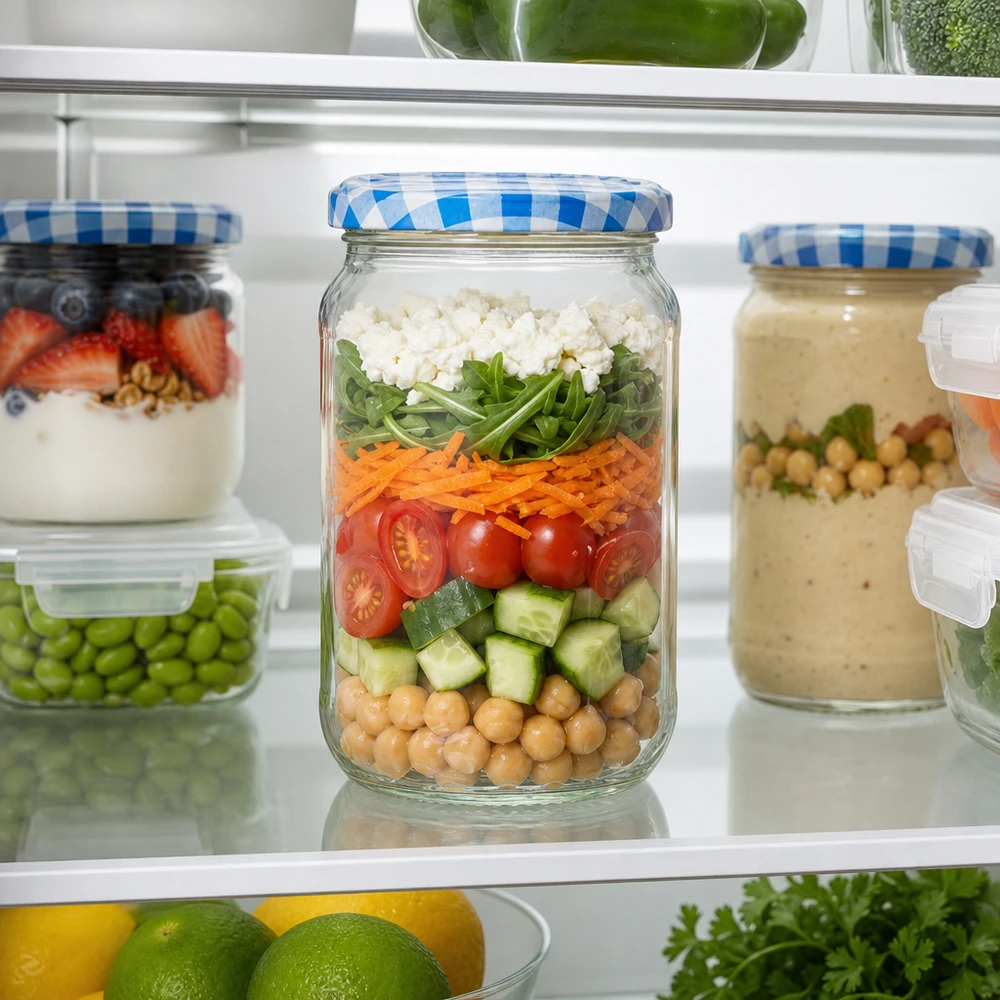1062ml Rundglas + BasicSeal Deckel blau/weiß UNiTWIST 1062ml Rundglas gefüllt mit Schichtsalat im Kühlschrank, praktische Meal-Prep-Lösung mit BasicSeal Deckel