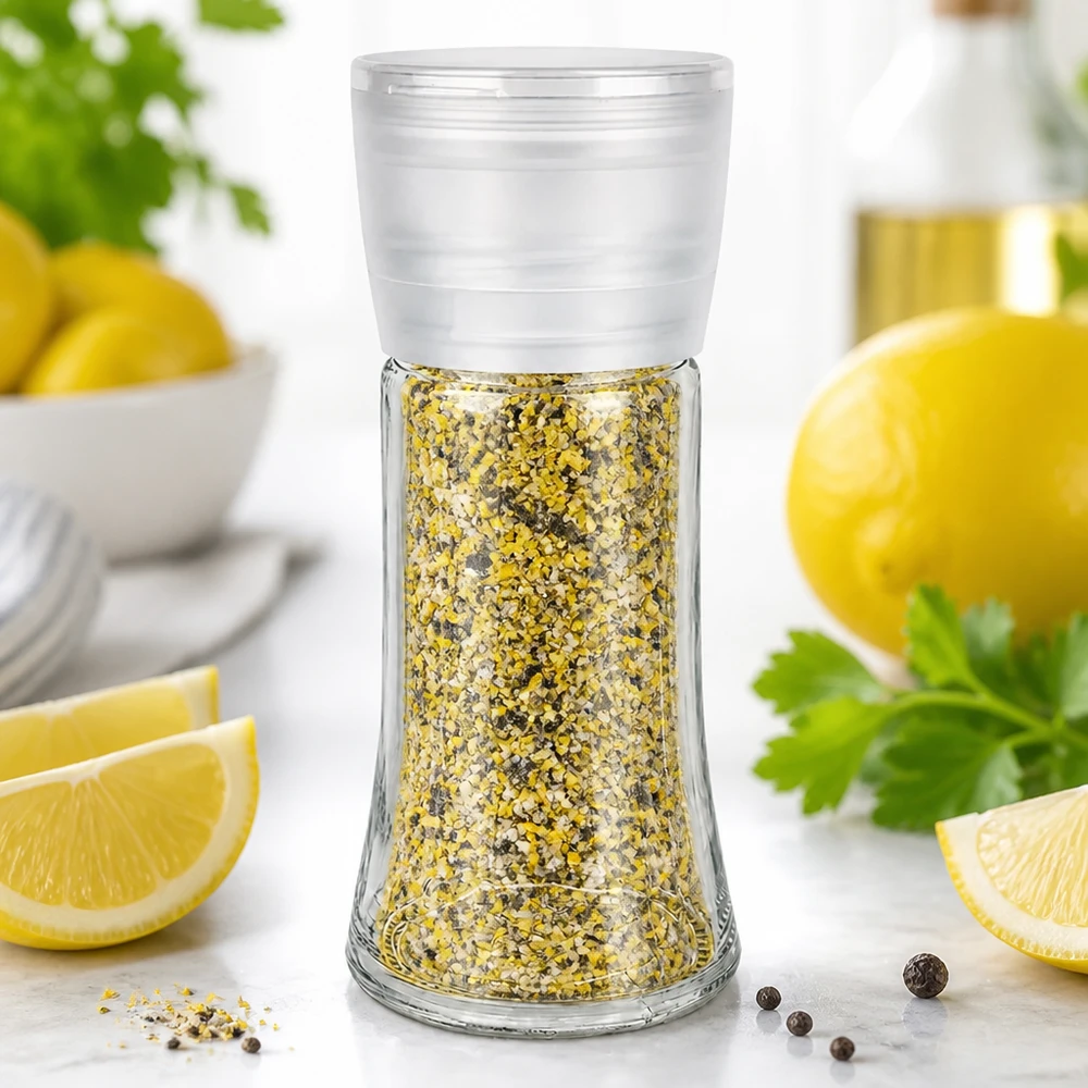 Salz-/Gewürzglas 95ml mit Mühle Vario weiss Klares Glasgewürzmühle 95ml mit Mühle gefüllt mit gelbem Zitronenpfeffer auf Marmor
