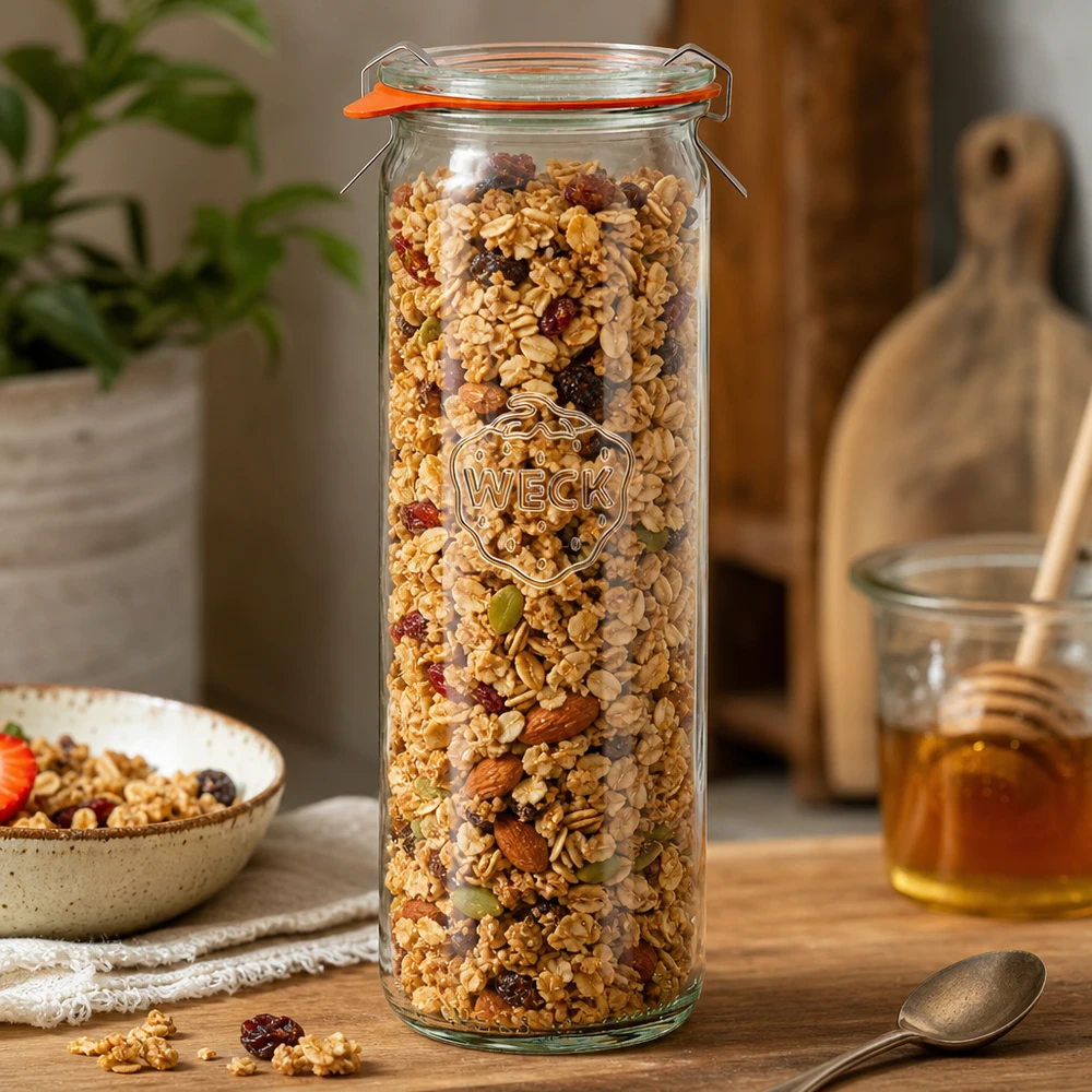 WECK Zylinderglas 600ml RR60 mit Müsli und Nüssen befüllt als Vorratsglas auf Holztisch in gemütlicher Küche