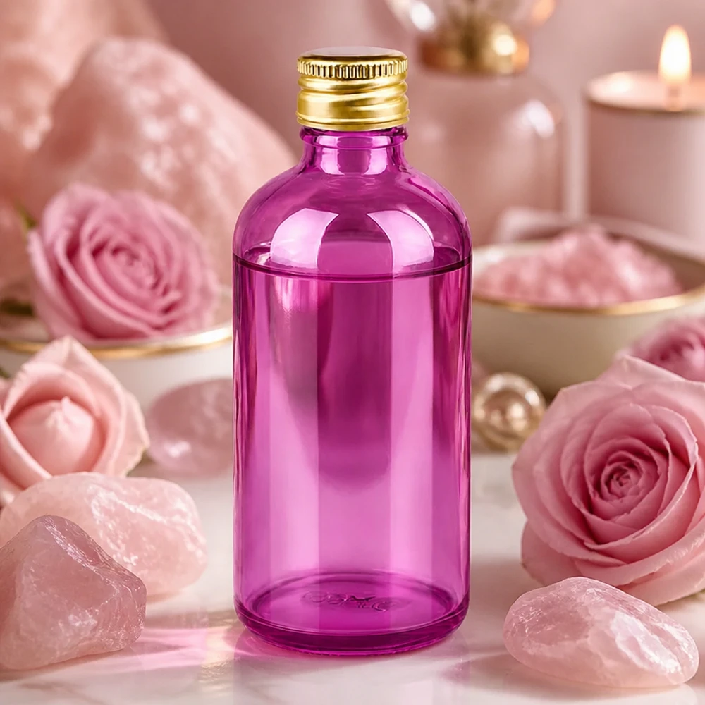 100ml Flasche 11mm Schraubverschluss Alu-Gold Standard PurpleLine. UT18/100 Stilvolle 100ml Flasche in Purple Glass mit matter Aluminiumkappe für Naturkosmetik