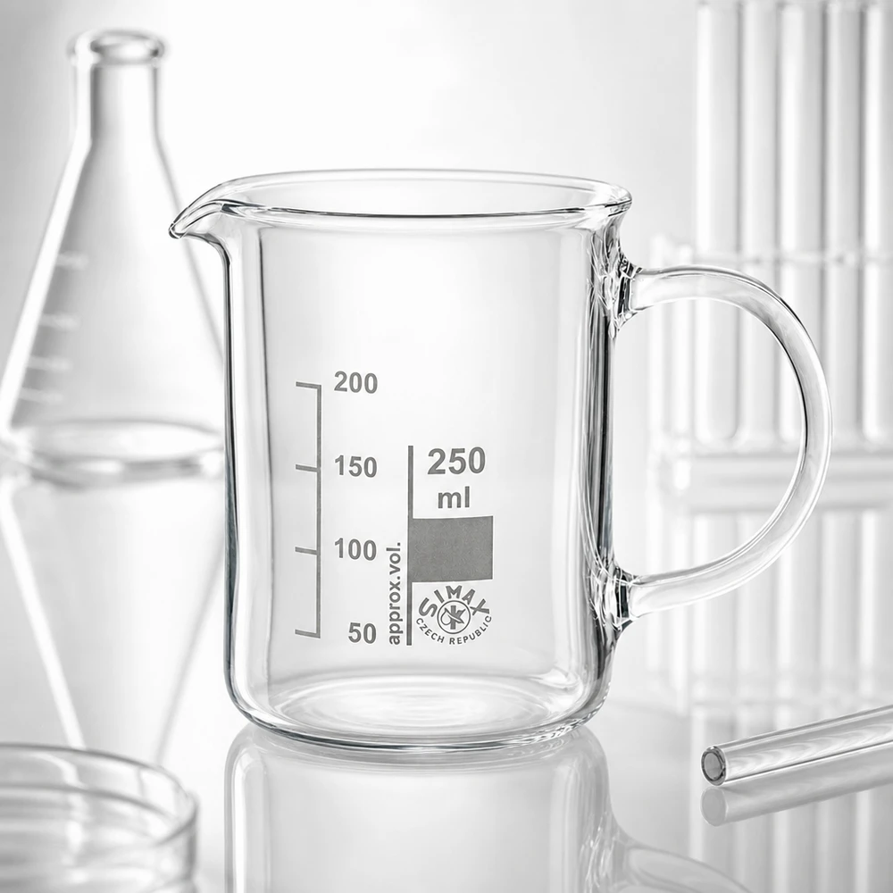 Becherglas 250ml Borosilikatglas, mit Henkel Zylindrisches Becherglas 250ml mit Henkel und Ausgussnase auf spiegelnder Glasoberfläche