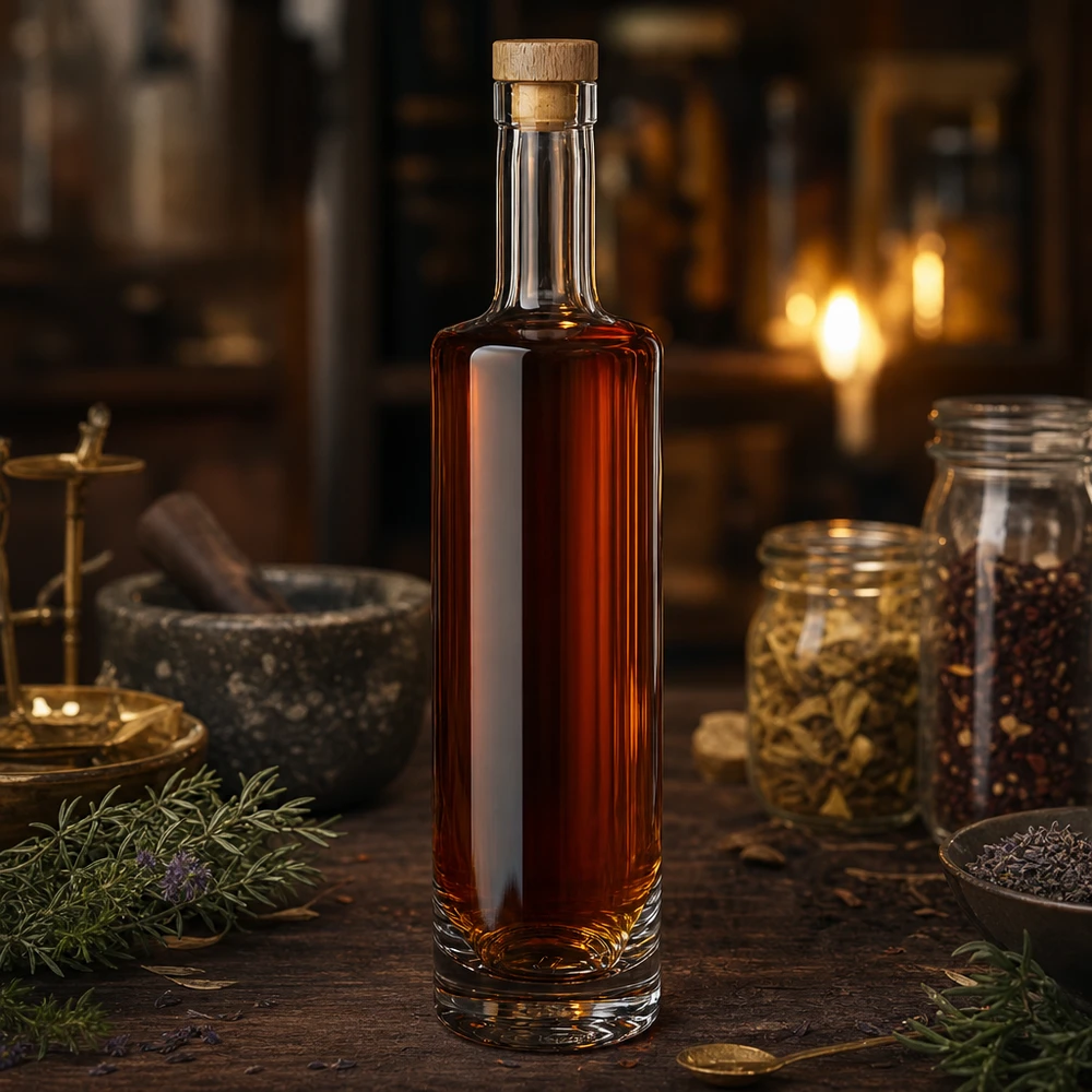 500ml Glasflasche "Lina" mit Holzgriff-Korken UNiTWIST 500ml Glasflasche Lina mit bernsteinfarbener Flüssigkeit und Holzkorken in rustikaler Küche mit Kräutern und Gewürzen