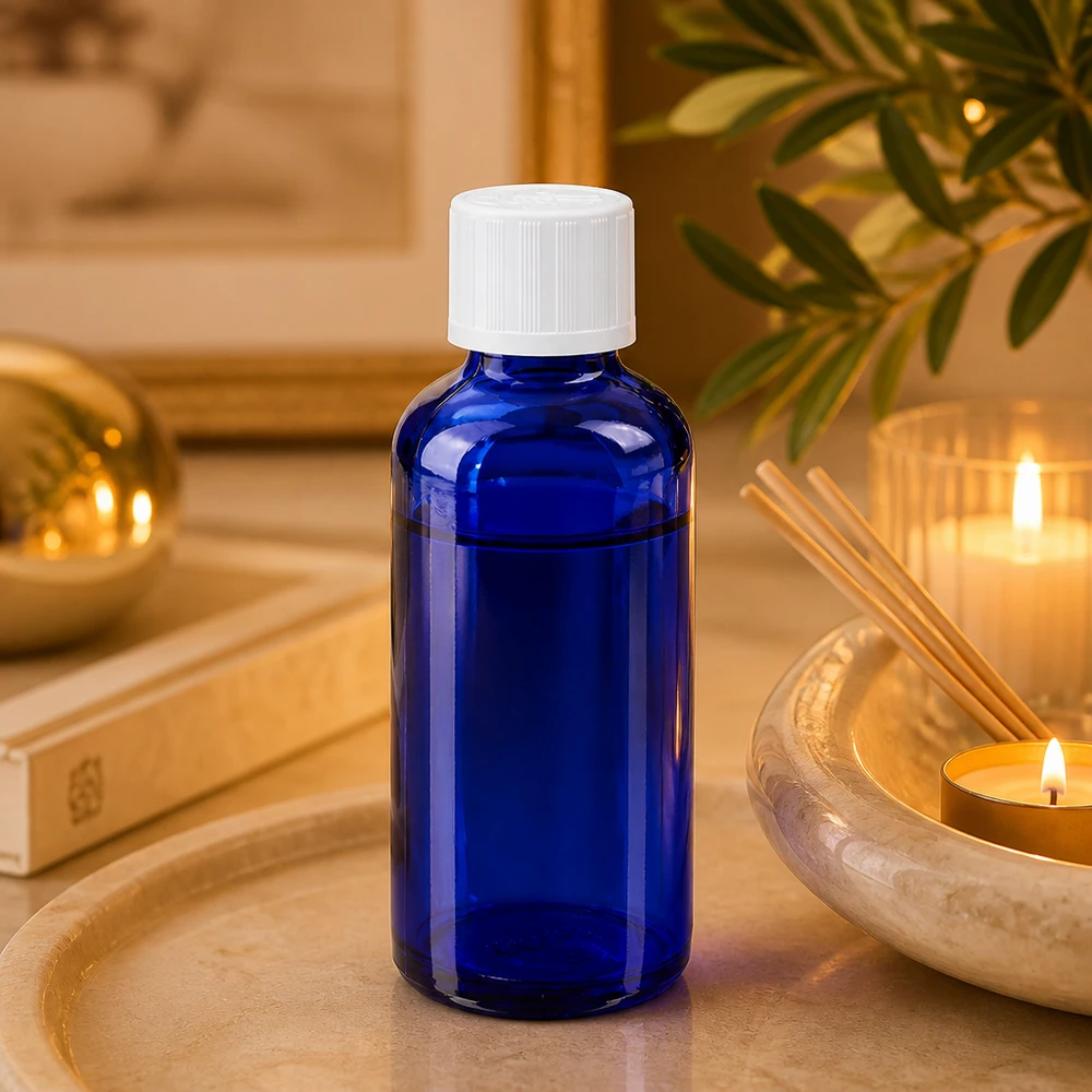 Apothekenflasche blau 50ml Schraubverschluss weiß Kindersicherung Standard Kobaltblaue Apothekerflasche 50ml mit weißem KiSi-Verschluss neben Duftkerzen und Reedsticks