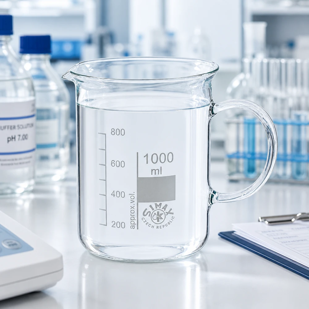 Becherglas 1000ml Borosilikatglas, mit Henkel 1000ml Becherglas mit Henkel im professionellen Laborumfeld mit Reagenzgläsern im Hintergrund