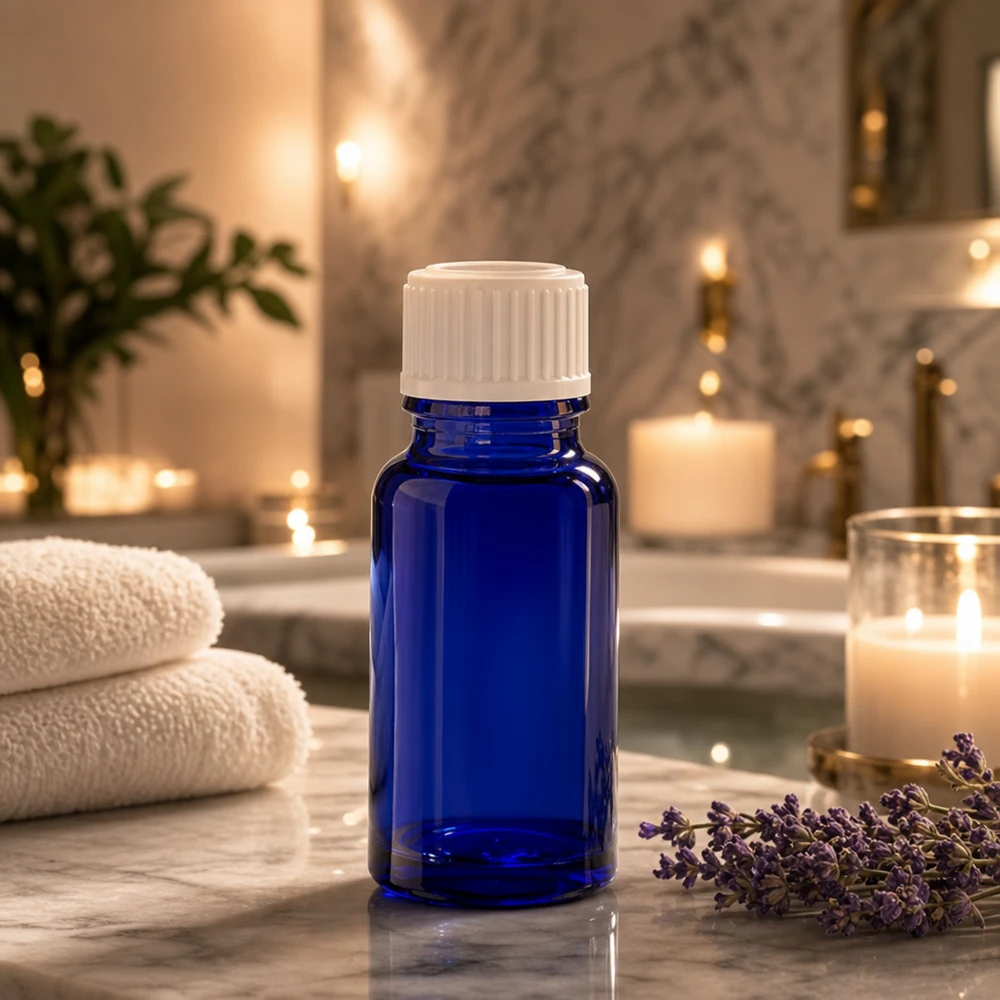 Apothekenflasche blau 10ml Schraubverschluss weiß Globuli Standard Blaue Apothekerflasche 10ml neben Lavendelblüten und Kerzen auf Marmoroberfläche