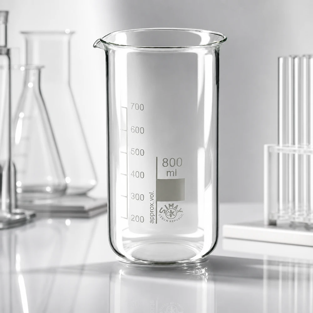 Becherglas 800ml Borosilikatglas, hohe Form Becherglas 800ml hohe Form mit dickwandigem Boden und präziser Milliliterskala für Labore