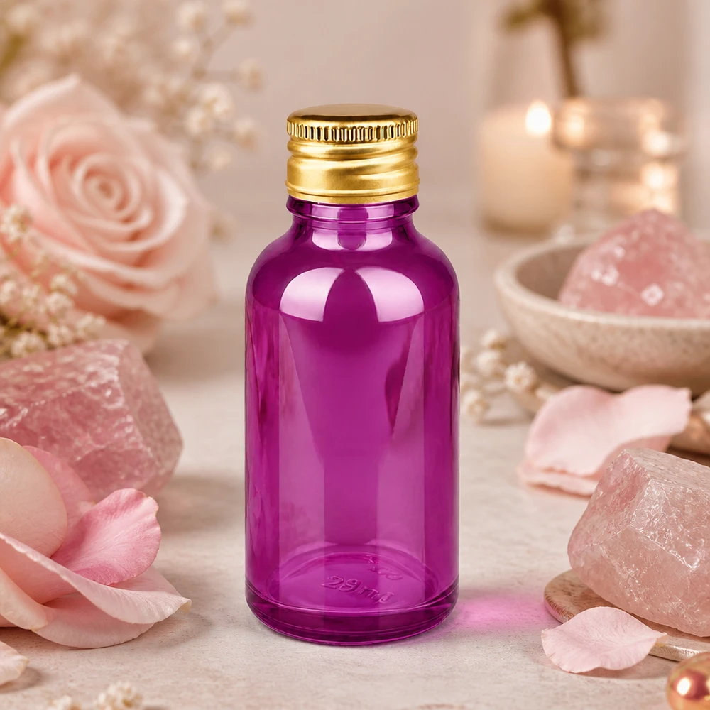 30ml Flasche 11mm Schraubverschluss Alu-Gold Standard PurpleLine. UT18/30 Handliche 30ml Purpur-Flasche mit ergonomischem Design für einfache Anwendung in Spa und Wellness