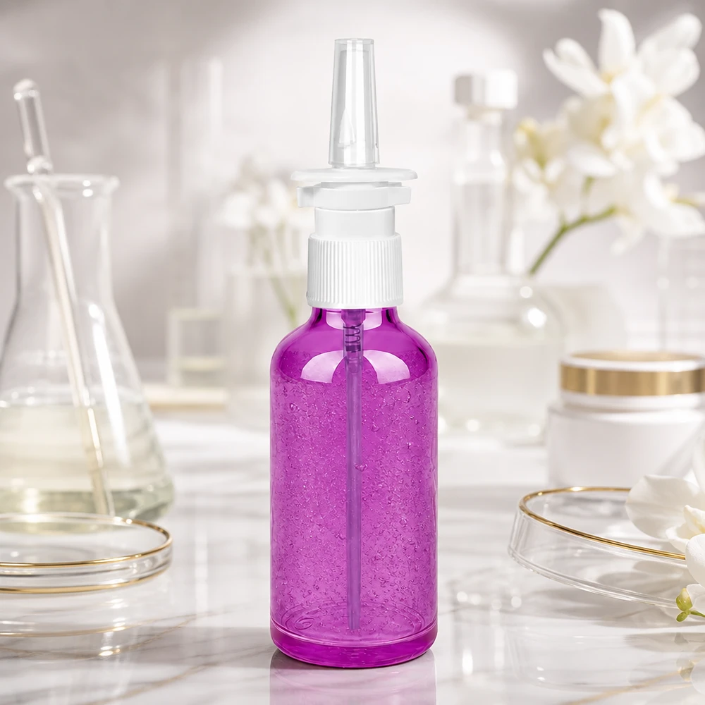 50ml Nasensprayflasche weiß/transparent Standard PurpleLine. UT18/50 Violette Nasenspray-Flasche 50ml mit weißem Sprühkopf - ideal für pharmazeutische Anwendungen