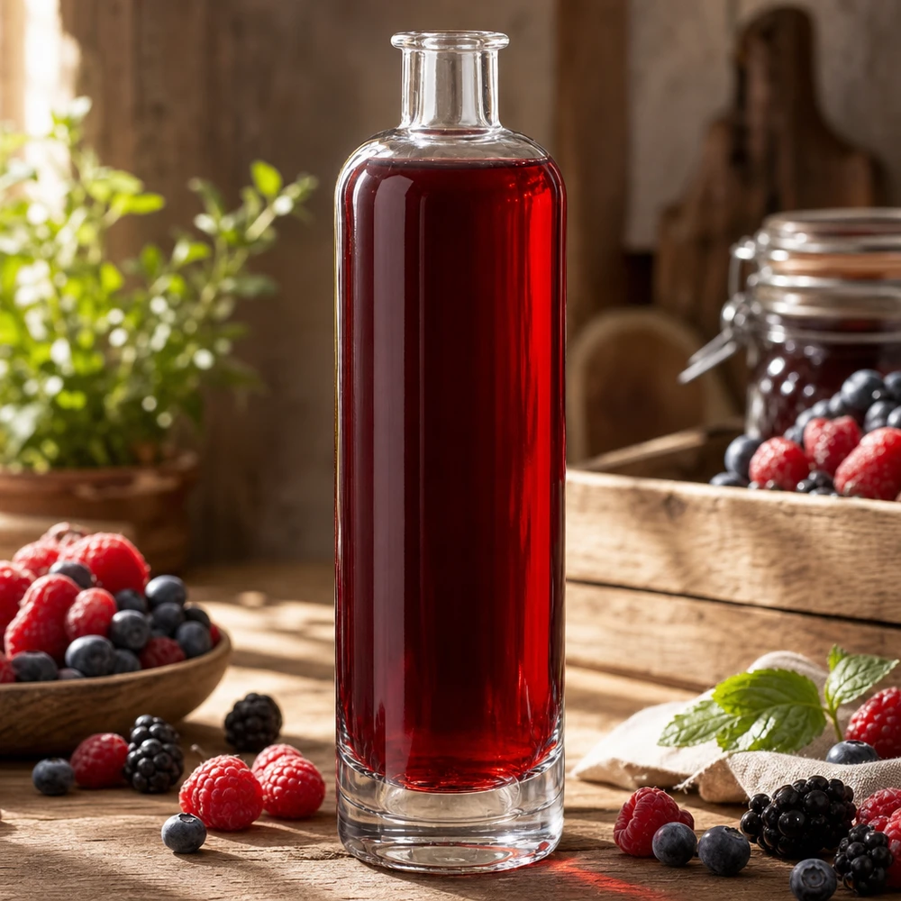 500ml Glasflasche Ella UNiTWIST mit rotem Beerensaft gefüllt umgeben von frischen Himbeeren und Blaubeeren