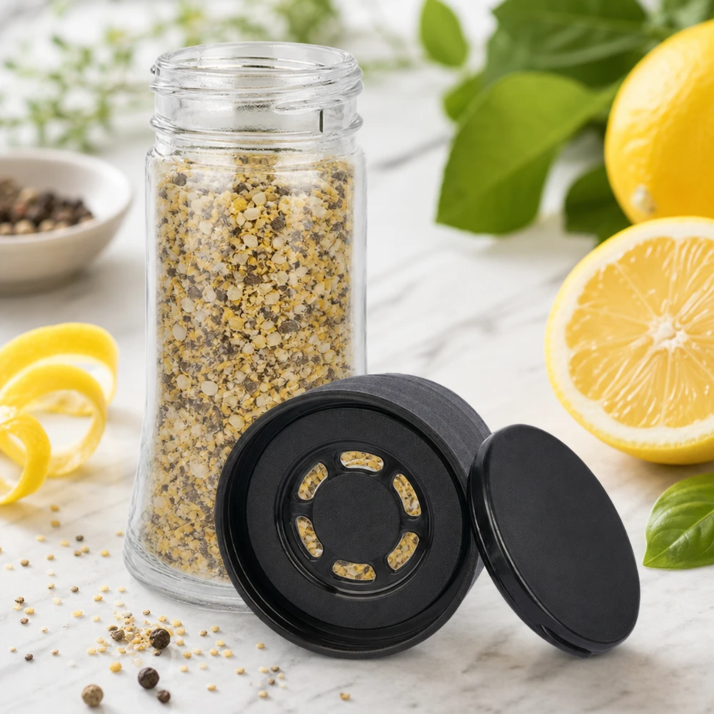 Salz-/Gewürzglas 95ml mit Mühle (grob) schwarz Kleines Salzglas 95ml mit schwarzem Kunststoffmühlenaufsatz und sichtbaren Schüttöffnungen