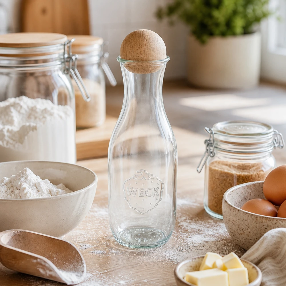 WECK Saftflasche 1062ml RR60 mit Holzkugel in Backküche zwischen Mehl Eiern Butter und Einmachgläsern auf Holzbrett
