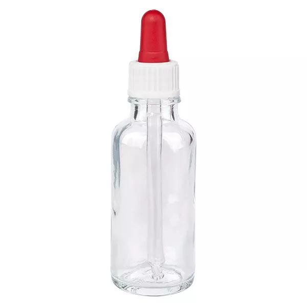 Apothekenflasche klar 30ml Pipette weiß/rot Standard Apothekenflasche klar 30ml Pipette weiß/rot Standard
