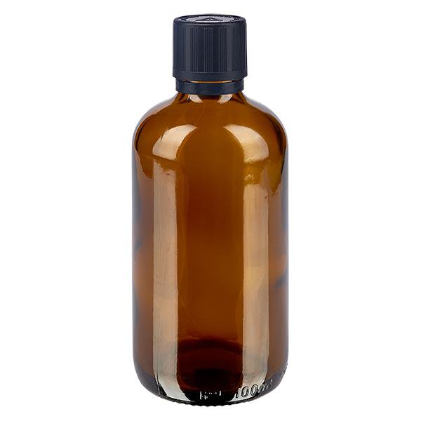 Apothekenflasche braun 100ml Tropfer Premium 1mm schwarz Kindersicherung Blindenwarnsymbol Originalitätsverschluss Apothekenflasche braun 100ml Tropfer Premium 1mm schwarz Kindersicherung Blindenwarnsymbol Originalitätsverschluss