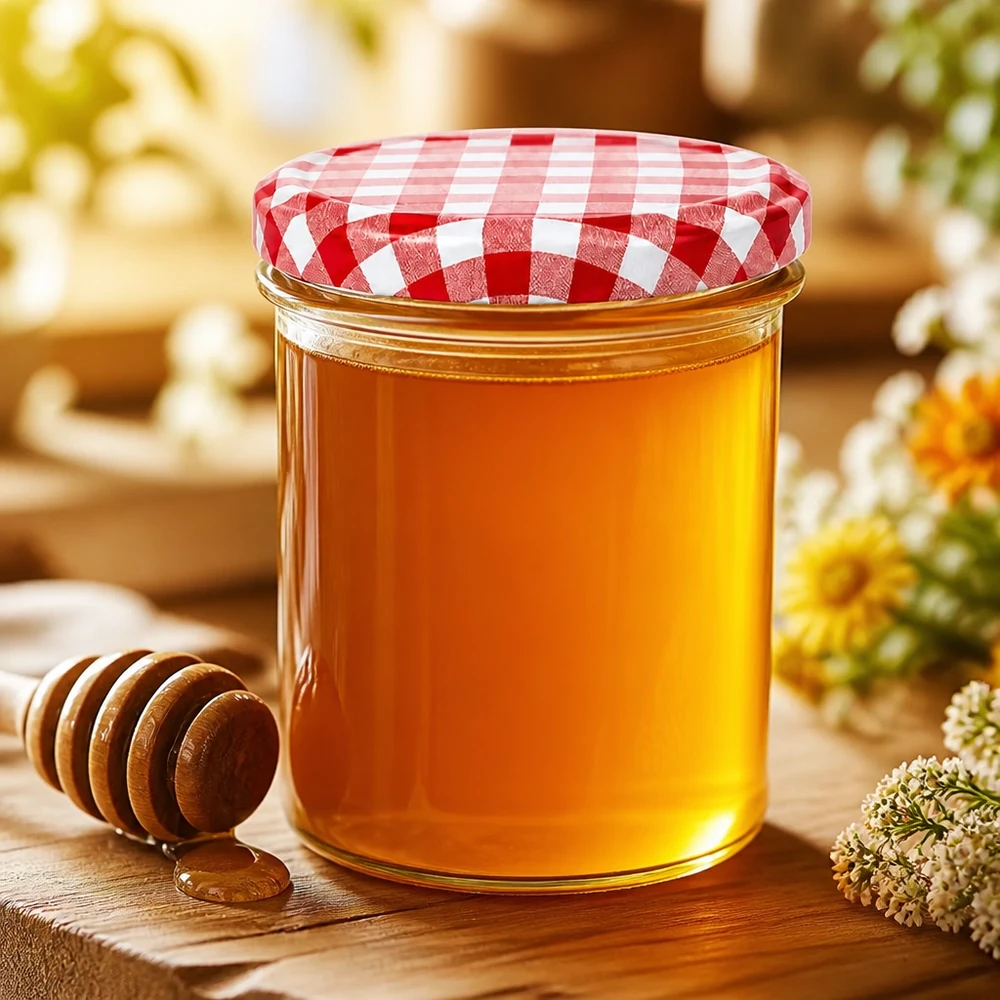 350ml Sturzglas + BasicSeal Deckel rot/weiß UNiTWIST 350ml Einmachglas mit Honig gefüllt und Honiglöffel, rot-weiß karierter Deckel, dekorativ arrangiert mit Blumen