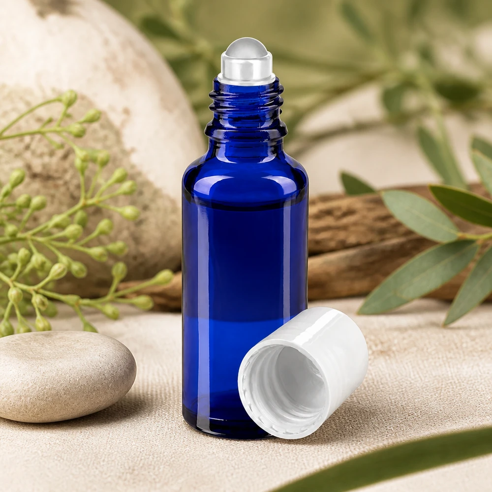 Apothekenflasche blau 30ml Roll-On Verschluss weiß Kobaltblaue Roll-On Flasche 30ml aus UV-Schutzglas mit abnehmbarem weißem Kunststoffdeckel