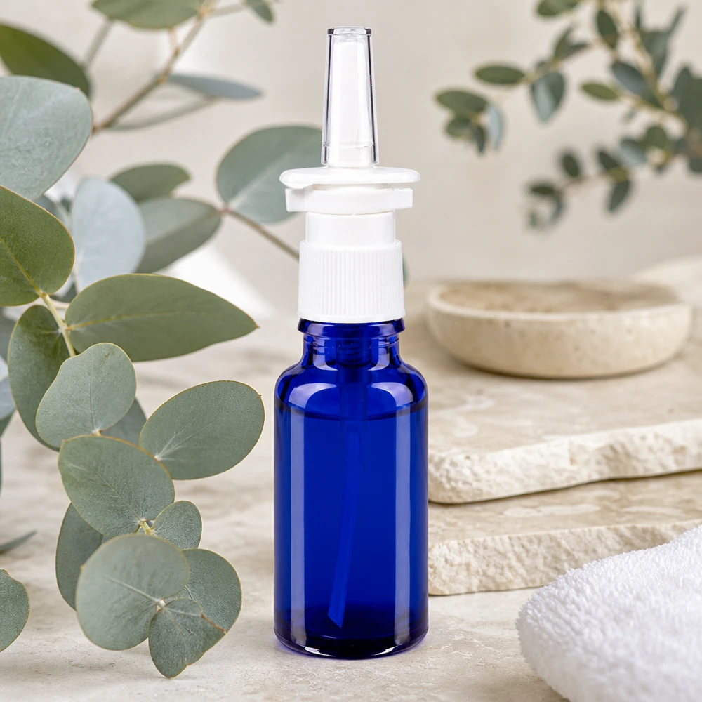 Apothekenflasche blau 20ml Nasenzerstäuber weiß Standard Kompakte Nasenspray-Glasflasche in Blau mit transparenter Düse auf hellem Naturstein