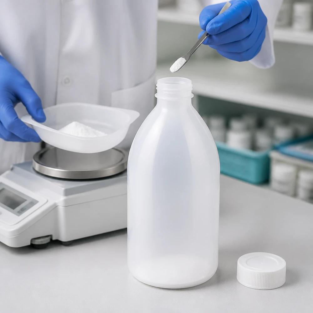 1000ml Schraubflasche, Enghals Laborflasche Großvolumige 1000ml Schraubflasche im Pharmabetrieb beim Einwiegen von Substanzen
