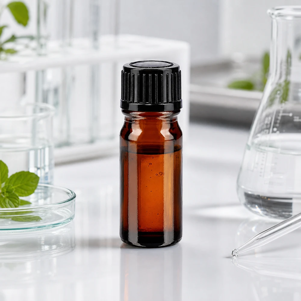 Apothekenflasche braun 5ml Schraubverschluss schwarz Standard Braunglas Flasche 5ml mit Schraubdeckel schwarz neben Erlenmeyerkolben und Pipette
