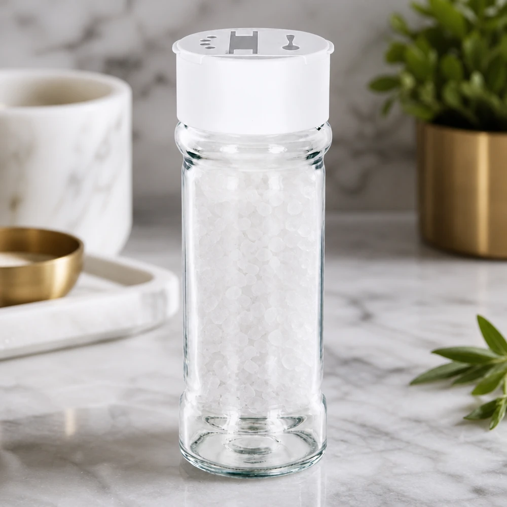 Salz-/Gewürzglas 100ml mit Doppelstreuer weiss Kleines Salzglas aus Glas 100ml mit weißem Kunststoffdeckel und Doppelstreufunktion
