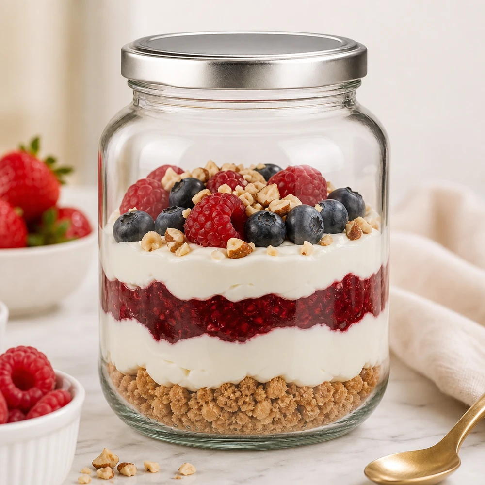 370ml Ovalglas mit BasicSeal Deckel silber UNiTWIST 370ml Ovalglas mit BasicSeal Deckel als stylisches Dessertglas für Schichtdessert mit Beeren und Joghurt