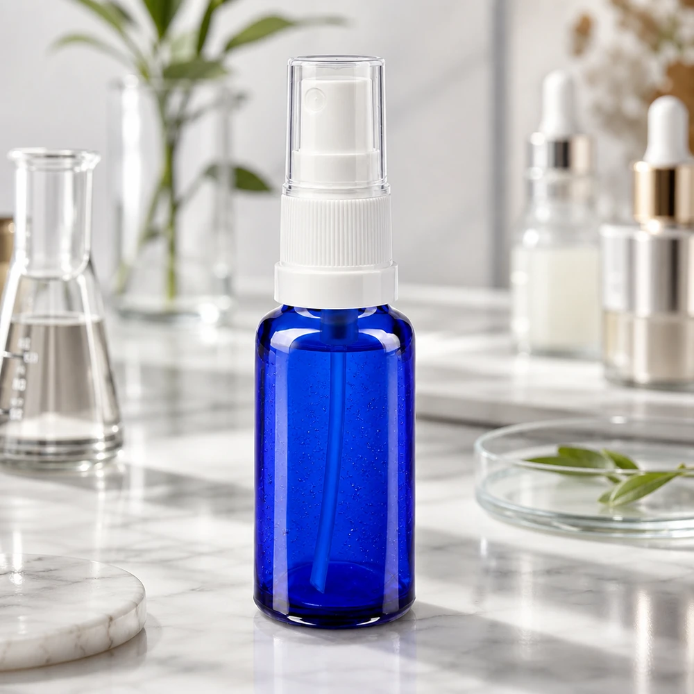 Apothekenflasche blau 20ml Sprayaufsatz weiß Blaue Lichtschutzglasflasche 20ml mit Feinzerstäuber für Kosmetik und Naturheilmittel