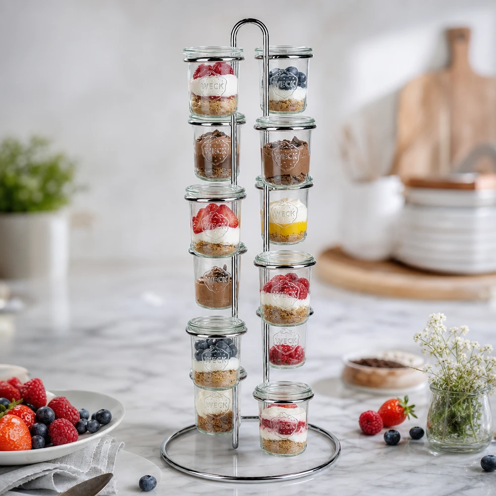 Dessert-Präsentation mit WECK Vertico12 Serviergestell zeigt 12 Gläser mit Joghurt Beeren und Granola auf Küchentheke