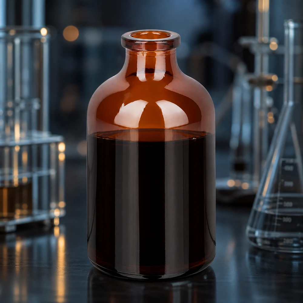 50ml Injektionsflasche Braunglas mit zylindrischem Korpus und eingeengtem Flaschenhals befüllt
