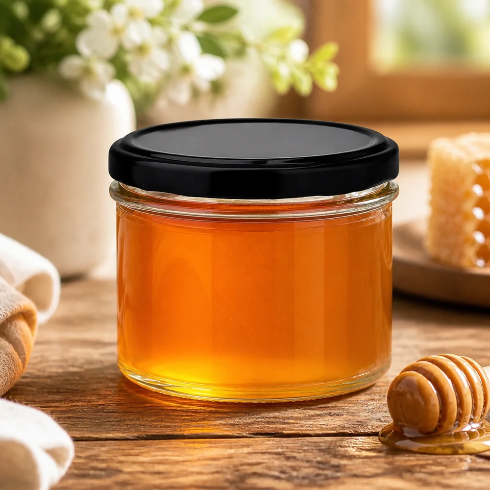 225ml Sturzglas mit BasicSeal Deckel schwarz UNiTWIST 225ml Sturzglas mit schwarzem Deckel gefüllt mit goldenem Honig neben Honiglöffel - perfekt für süße Aufstriche