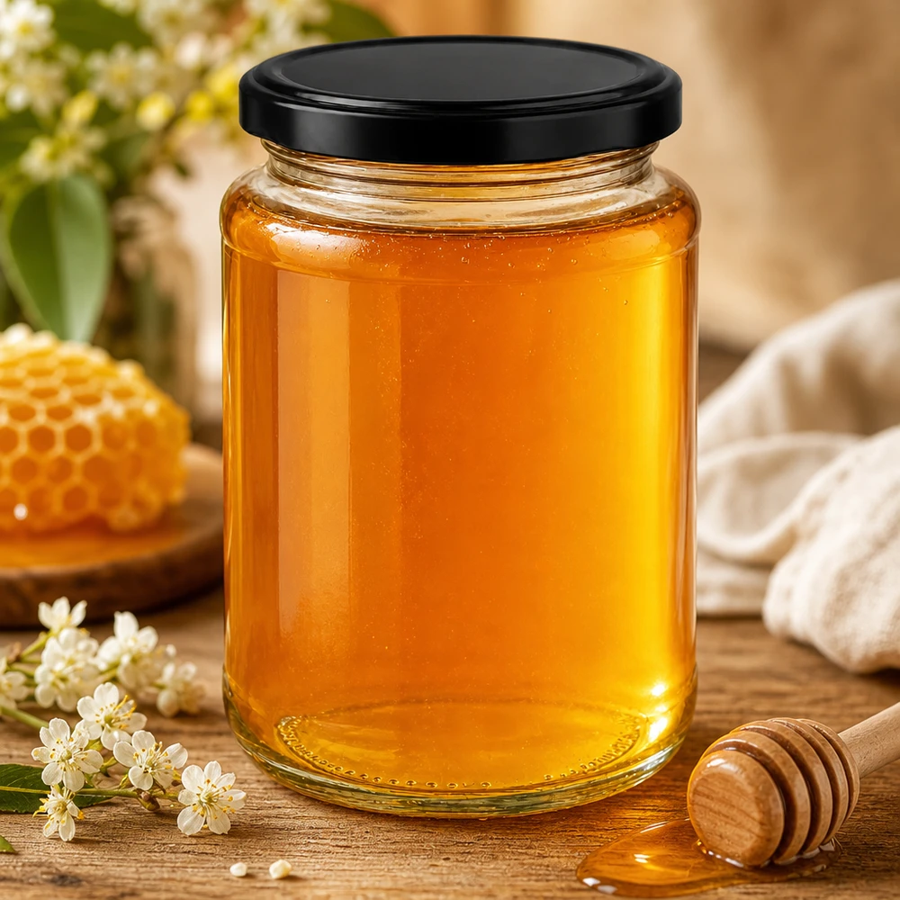 382ml Rundglas BasicSeal schwarz mit Honig gefüllt Honigglas Bienenhonig Waben Blüten Holzlöffel natürlich