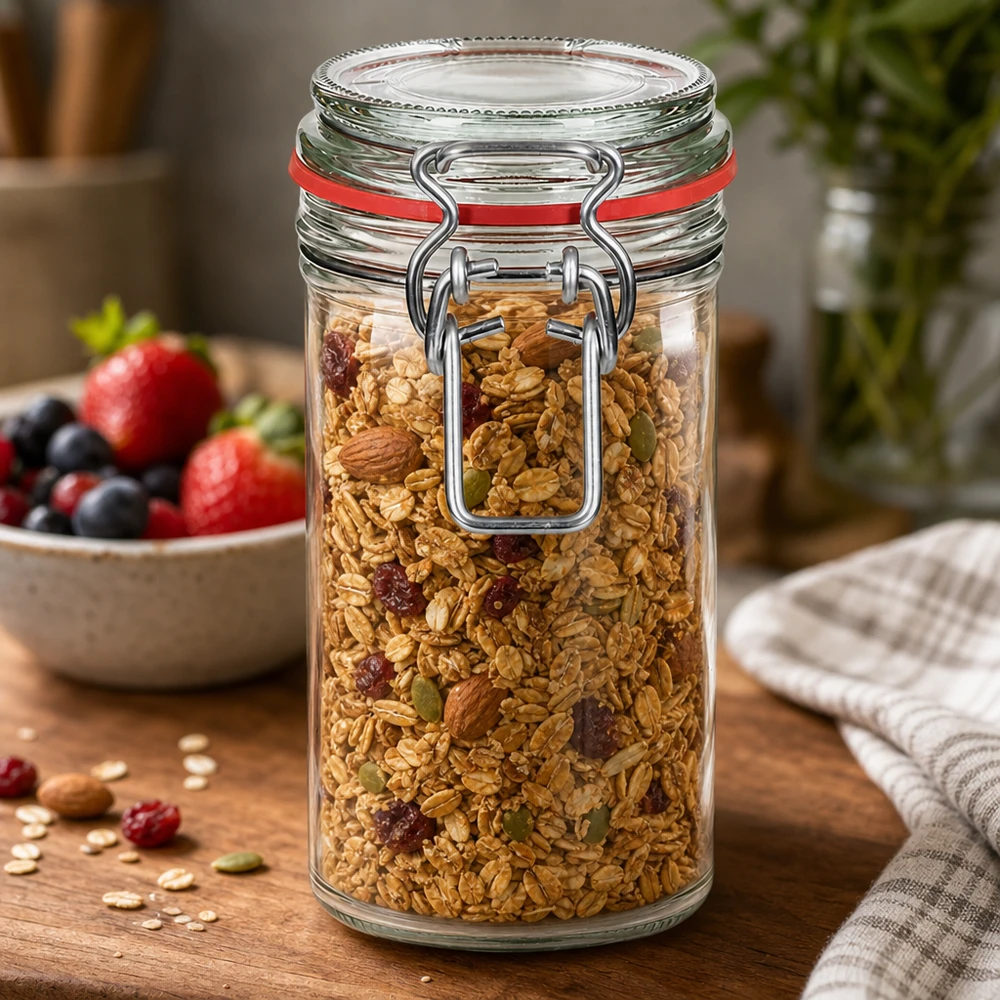 272ml Vorratsglas Typ G mit Bügelverschluss UN.. 272ml Vorratsglas mit Bügelverschluss gefüllt mit Müsli auf Holztisch neben frischen Beeren für Küche und Pantry
