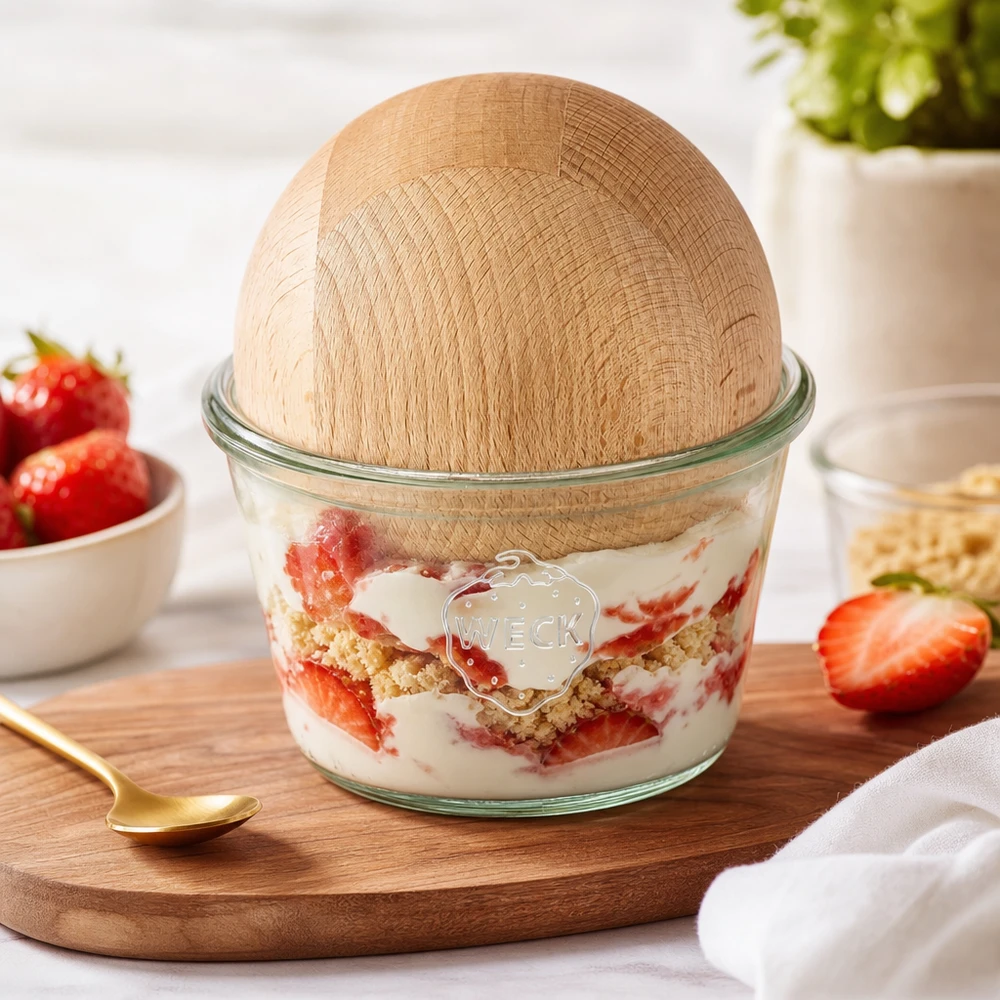 WECK Sturzglas 370ml RR100 mit Erdbeerdessert gefüllt Buchenkugel Deckel Schichtdessert Nachspeise servieren