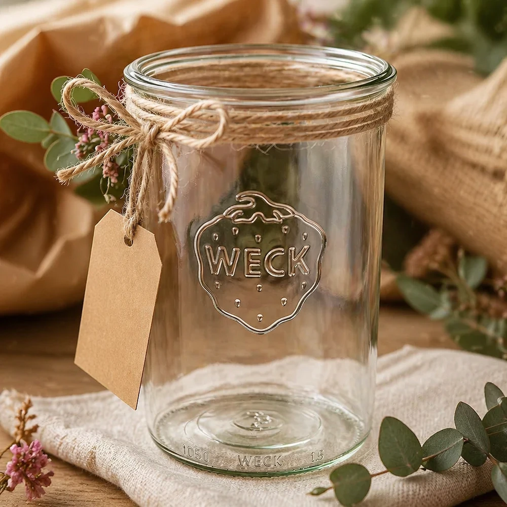 1000ml WECK Sturzglas RR100 Einmachglas mit Juteschnur und Anhänger auf rustikalem Holztisch dekoriert