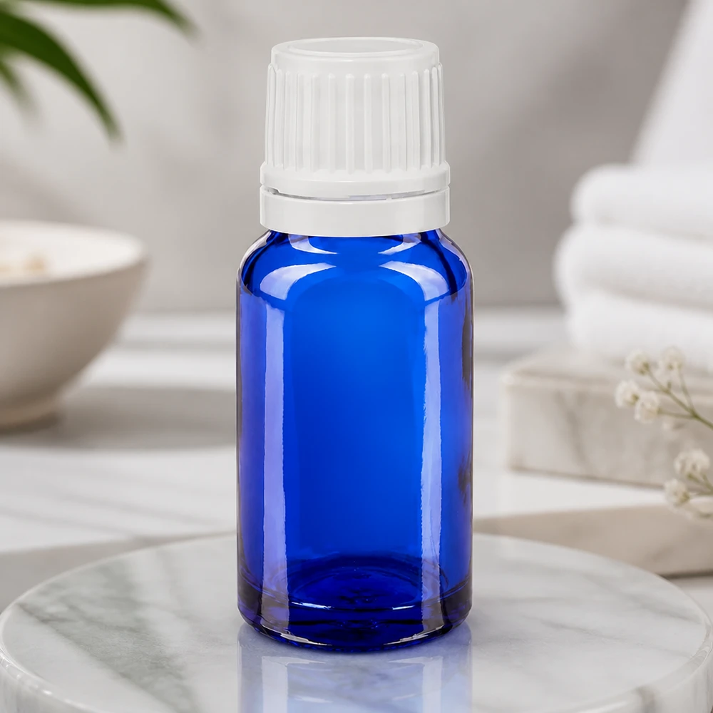 Apothekenflasche blau 10ml Schraubverschluss weiß Originalitätsverschluss Blaue Glasflasche 10ml mit kindersicherem Originalitätsverschluss für Öle und Tinkturen