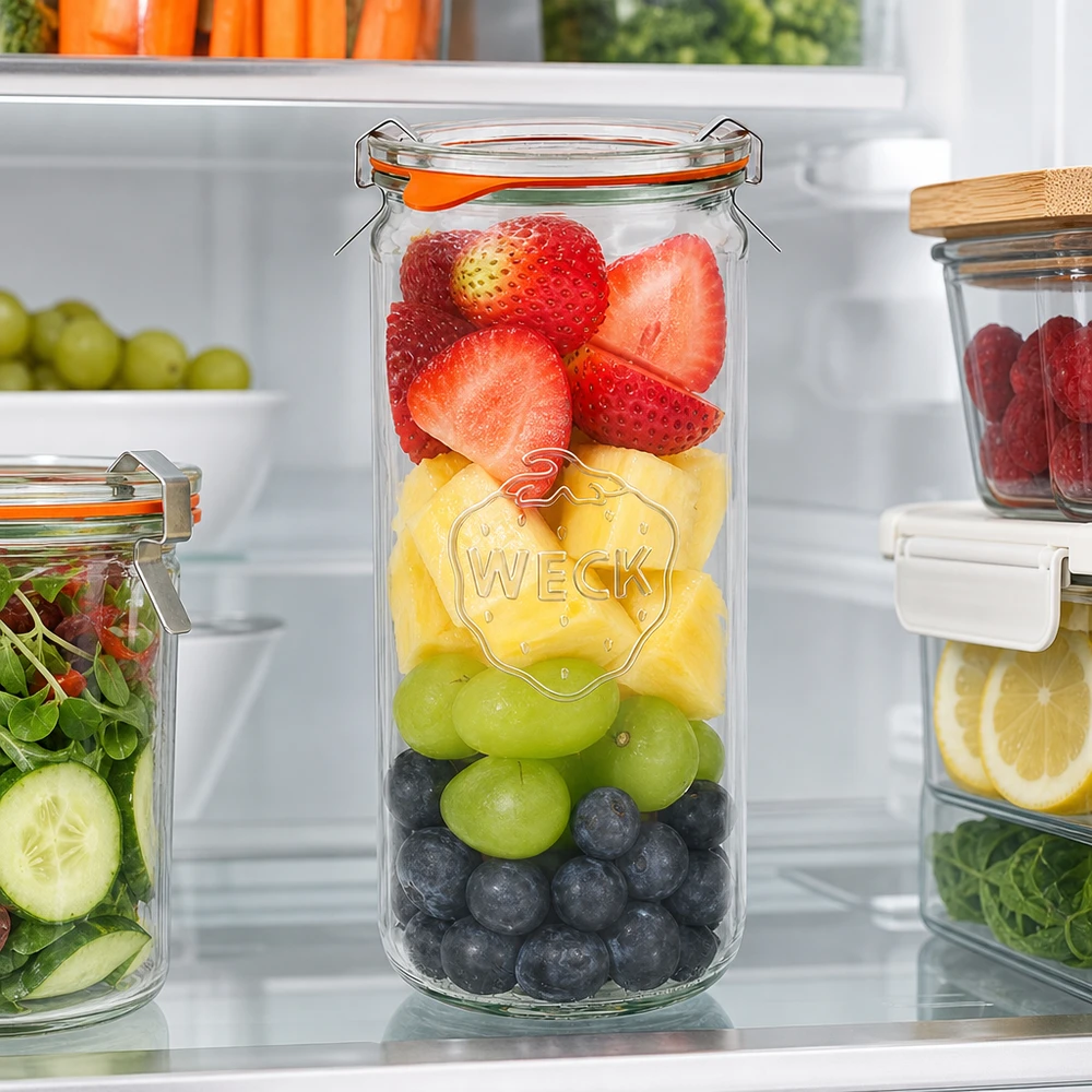 WECK 1040ml Zylinderglas RR80 mit buntem Obstsalat im Kühlschrank für frische Meal Prep und Lebensmittelaufbewahrung