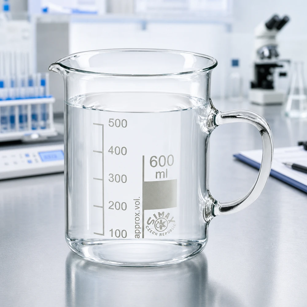 Becherglas 600ml Borosilikatglas, mit Henkel Simax Laborbecherglas 600ml mit angesetztem Glasgriff auf Edelstahltisch im Wissenschaftslabor