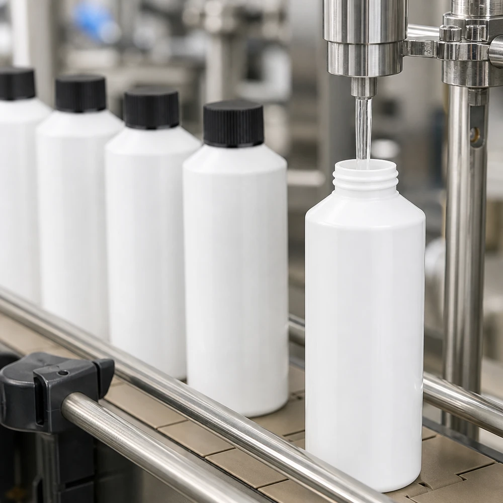 Pharmazeutische Abfüllstraße mit weißen HDPE Kunststoffflaschen 100ml und schwarzen Schraubverschlüssen