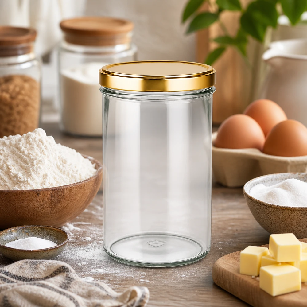 277ml Sturzglas mit goldenem Deckel in Küche mit Backzutaten Mehl Eier Butter als Vorratsglas für Backen