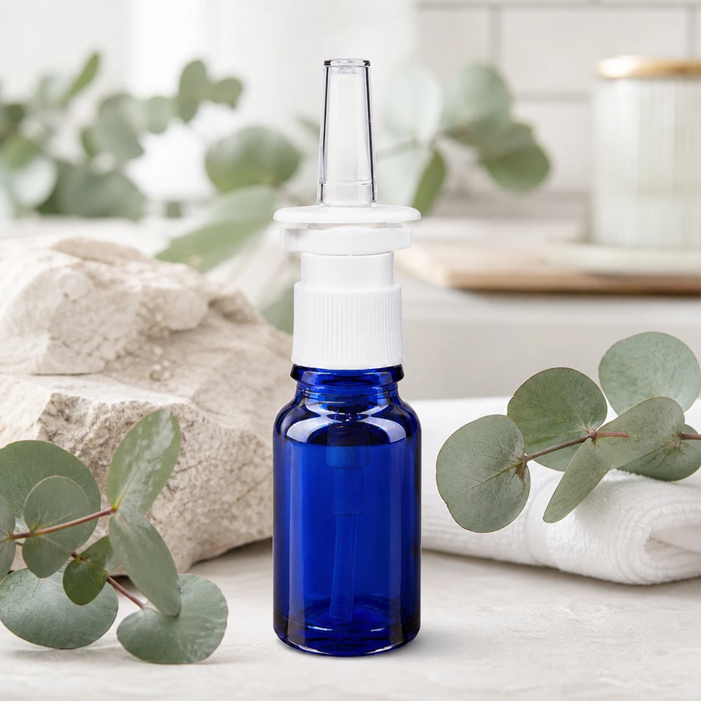 Apothekenflasche blau 10ml Nasenzerstäuber weiß Standard Kompakte Nasensprayflasche aus kobaltblauem ApoGlas mit weißem Standardverschluss 10ml