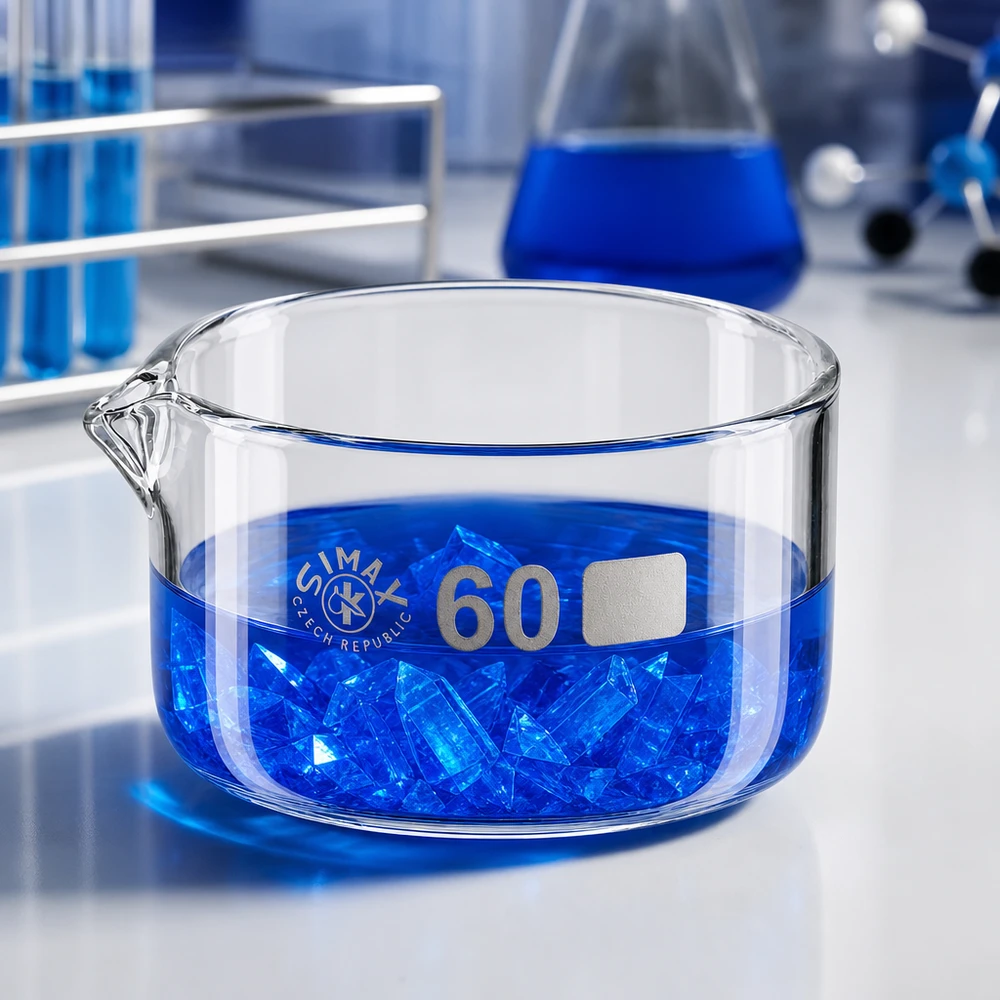 60ml Kristallisierschale mit Ausguss Borosilikat ø60mm Kristallisierschale 60ml Labor Kupfersulfat Kristalle blau Glasschale Ausguss Simax Tschechien